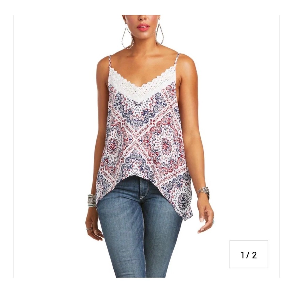 Ariat Texas Heat Tank Top Paisley‎ Womens Medium Red White Blue Lace 4th of July